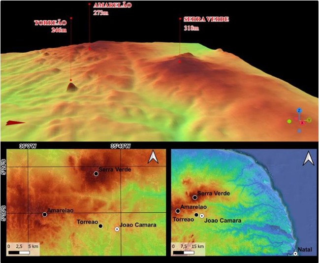 Mapas com as montanhas do Torreão, Amarelão, e Serra Verde (Monte Pascoal Potiguar). Forma e altitude coincidem com a descrição feita por Pero Vaz de Caminha I Imagem: reprodução autores